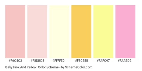 Baby Pink and Yellow - Color scheme palette thumbnail - #f6c4c3 #f8dbd8 #ffffe0 #f8ce5b #fafc97 #faaed2 Yellow And Pink Color Scheme, Yellow Pink Color Scheme, Color Scheme With Yellow, Pink And Yellow Colour Palette, Pastel Yellow Color Combination, Light Yellow Color Scheme, Baby Pink Palette, Yellow Pink Outfit, Yellow Pastel