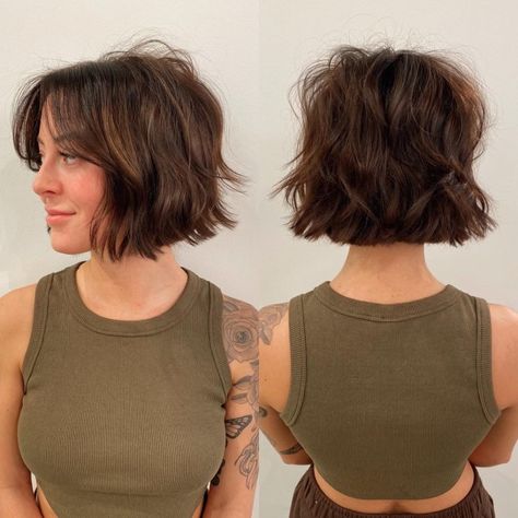 Modern Bob Shag with Bangs Shaggy Bob Short Bangs, Bob Thick Hair Bangs, Short Hairstyle Women Summer 2023, Wavy Shag Bob, Short Shag Bob With Curtain Bangs, Shagged Bob, Subtle Stacked Bob, Indie Bob Haircut, Shag Bob Round Face