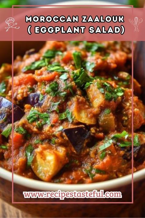 A flavorful Moroccan eggplant salad that combines roasted eggplant, fresh tomatoes, and aromatic spices, perfect as a dip or side dish. Salad With Eggplant, Zaalouk Recipe, Moroccan Side Dishes, Moroccan Eggplant, Moroccan Salad, Eggplant Salad, Eggplant Dishes, Roasted Eggplant, Moroccan Food