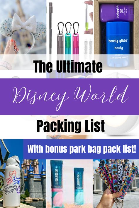 Pictures of items that are recommended to pack for Disney World such as reusable straws, Liquid IV, mouse ear holders and anti chaffing balm. Disneyworld Packing Checklist, What To Pack For A Disney Trip, Disney Parks Must Haves, Ultimate Disney World Packing List, Disney Must Pack List, Disney Christmas Packing List, Things Needed For Traveling, What To Buy Before Disney World, Disney Trip Care Package Ideas