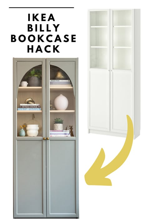 Ikea Billy Bookcase Hack to Arched Cabinet - Alice and Lois Billy Regal Hack, Billy Bookcase With Doors, Billy Hack, Ikea Billy Hack, Arched Cabinet, Billy Ikea, Bookcase Hack, Painting Ikea Furniture, Ikea Desk Hack