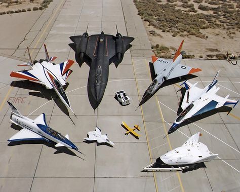 NASA's Research Aircraft Fleet on ramp at Dryden Flight Research Center: Rockwell-Messerschmitt-Bölkow-Blohm X-31 Enhanced Fighter Maneuverability fighter.  McDonnell Douglas F-15 STOL/MTD (Short Takeoff and Landing/Maneuver Technology Demonstrator).  Lockheed SR-71 Blackbird.  Convair F-106 Delta Dart.  General Dynamics F-16XL.  X-38 Crew Return Vehicle (CRV).  McDonnell Douglas X-36 Tailless Fighter Agility Research Aircraft.  A radio controlled toy! National Aviation Day, Lockheed Sr-71 Blackbird, Airplane Collection, Sr 71 Blackbird, Sr 71, Experimental Aircraft, Airbus A320, Military Jets, Research Center