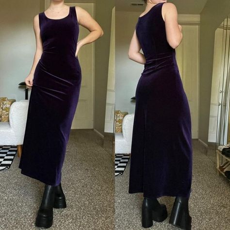 Witchy Velvet Dress, Red Velvet Dress Casual, 90s Velvet Maxi Dress, Purple Dress Velvet, Velvet Purple Prom Dress, 90s Black Velvet Dress, Velvet Aesthetic Outfit, Vintage Black Velvet Dress, 90s Velvet Outfit