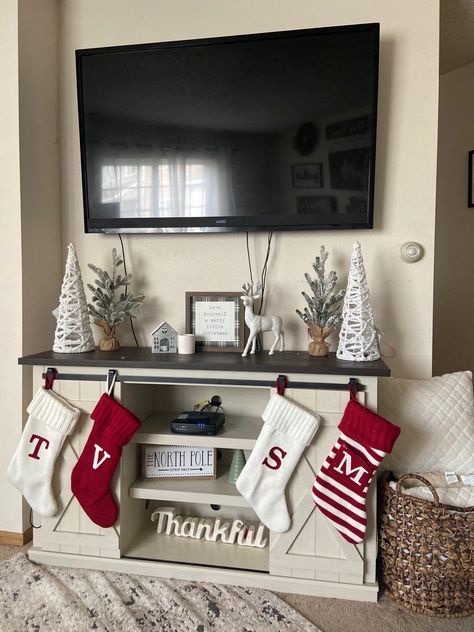 Christmas Decorations Ideas Tv Stand, Farmhouse Decor Tv Stand, Over Tv Christmas Decor, Tv Area Christmas Decor Ideas, Under Tv Christmas Decorations, Fall Decorations Tv Stand, Christmas Living Room Tv Stand, Christmas Tree Next To Tv Stand, Tv Decor Christmas