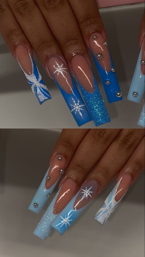 Icy Blue Nails Winter Acrylic, Winter Blue Snowflake Nails, Sky Blue Christmas Nails, Blue And White Holiday Nails, Blue White Christmas Nails, Blue Christmas Nails Square, Christmas Nails Blue And Silver, Winter Nail Inspo Acrylic, Blue Christmas Nails Acrylic