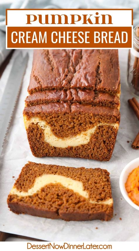 Pumpkin Cream Cheese Bread is tender and moist with the perfect blend of pumpkin spice, and is layered with a creamy cheesecake filling. This delicious cream cheese filled pumpkin bread creates a beautiful loaf with contrasting orange and white swirls for the perfect fall dessert. Cream Cheese Quick Bread, Cream Cheese Filled Pumpkin Bread, Pumpkin Bread With Cream Cheese Filling, Pumpkin Cream Cheese Loaf, Bread Loaf Ideas, Pumpkin Loaf With Cream Cheese, Cheesecake Loaf, Pumpkin Cream Cheese Bread, Cheese Cake Filling