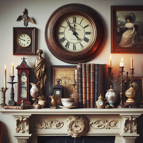 14 Create a Cozy Atmosphere: Mantle Decor Ideas » HomeDecorFull Mantle Clock Decorating Ideas, Fireplace Mantle Decor With Clock, Decorate Mantle Fireplace, Books On Mantle, Layered Mantle Decor, Vintage Fireplace Mantle, Mantle Decor With Clock, Traditional Mantle Decor, Traditional Mantle