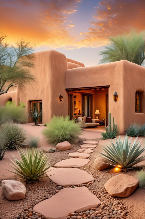 A stunning desert earth dwelling showcasing the beauty of sustainable architecture. The courtyard garden creates a microclimate oasis, highlighting the power of passive design. #DesertLiving #SustainableHome Modern Adobe House, Southwest Architecture, Modern Adobe, Costa Rica House, Adobe Houses, Desert Architecture, Nature Houses, Central Courtyard, Adobe Home