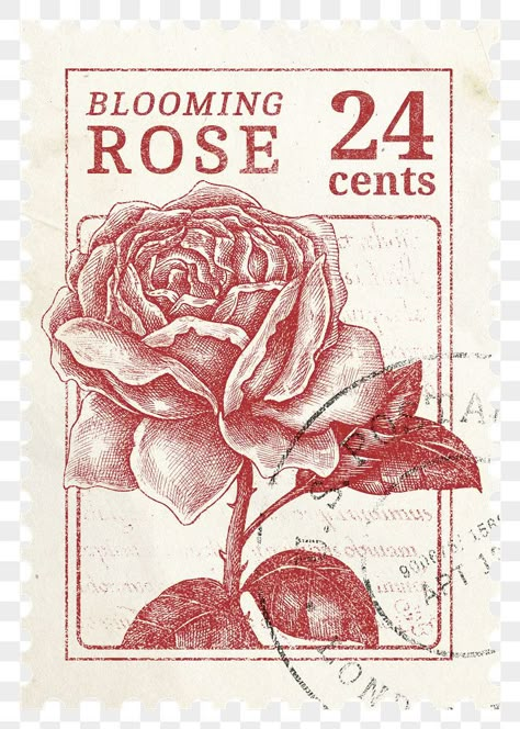 Aesthetic Stamp Design, Red Stamp Png, Pink Stamp Aesthetic, Vintage Rose Design, Rose Postage Stamp Tattoo, Stamps For Journaling, Roses Graphic Design, Vintage Stamp Illustration, Vintage Images Aesthetic