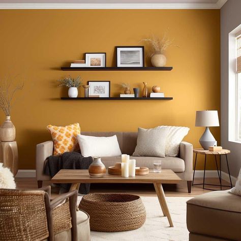 Yellow is the chameleon of design, effortlessly adapting to a myriad of styles. Adding a touch of warmth & vitality. Yellow tones infuse the space with a unique brand of vibrancy, proving that its versatility knows no bounds. #experiencebellepatri #interiordesign #shadesofyellow Yellow Wall In Living Room, Half Yellow Wall, Apartment Painting Ideas Living Room, Yellow Feature Wall Living Room, Ochre Walls Living Rooms, Yellow Interior Design Living Room, Yellow Wall Painting Ideas, Yellow Accent Wall Living Room, Mustard Accent Wall