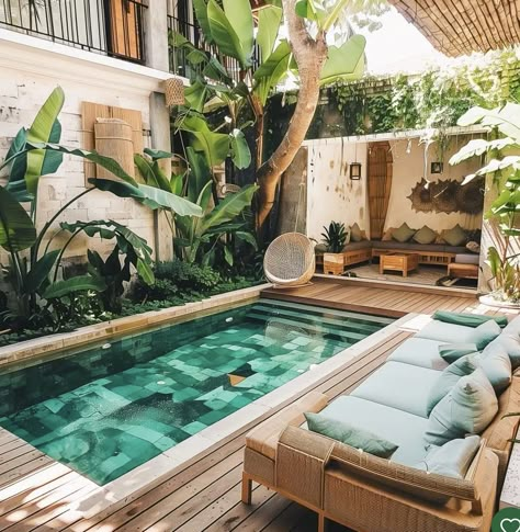 Bali Backyard, Pool Entertainment Area, Bali Pool, Tropical Backyard Landscaping, Garden Planning Layout, Backyard Pool Ideas, Two Story House Design, Cascading Waterfall, Tropical Backyard