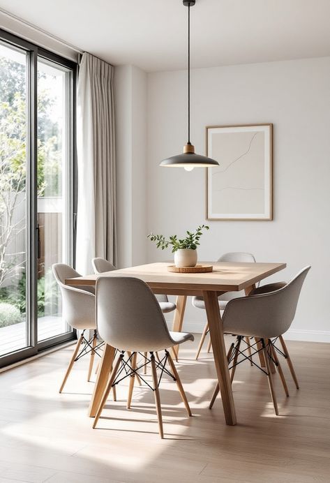 Embrace the essence of Scandinavian design in this minimalist Nordic dining room, where a natural wood table and neutral chairs create an inviting atmosphere. Soft lighting and natural elements enhance the warmth and elegance of the space. Modern Scandinavian Decor, Scandi Dining Room, Nordic Dining Room, Scandinavian Dining Room, Scandinavian Dining Table, Natural Wood Table, Nordic Dining, Simple Interior Design, Scandinavian Dining