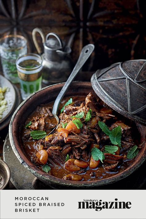 Slow-cooked until it starts to pull apart, this beef brisket recipe uses the aromatic spices of a Moroccan tagine. Serve with fluffy couscous for a warming family meal or relaxed dinner party. Get the Sainsbury's magazine recipe Moroccan Beef Brisket, Tagine Recipes Beef, Best Tagine Recipes, Beef Tagine Recipes Moroccan Spices, Slow Cooked Meat Recipes, Slow Cooker Dinner Party Recipes, Middle Eastern Beef Recipes, Easy Tagine Recipes, Beef Tagine Recipes