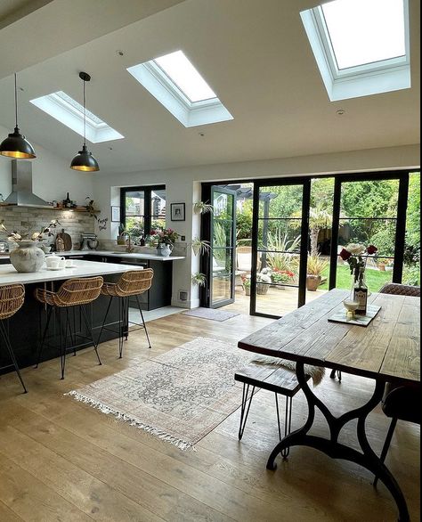 Dulux Brilliant White, Designs For Small Kitchens, Kitchen Extension Open Plan, Kitchen Diner Family Room, House Transformation, Conservatory Kitchen, Kitchen Diner Extension, House Extension Plans, Open Plan Kitchen Dining Living