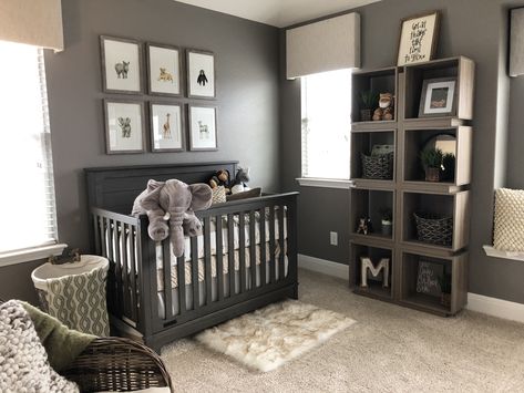 Grey Themed Nursery, Dark Grey Nursery Ideas, Dark Grey Crib Nursery, Nursery Ideas Elephant Theme, Nursery Ideas Grey Walls, Nursery Ideas With Grey Crib, Grey Crib Nursery Ideas, Neutral Gray Nursery, Nursery Ideas Gray Crib