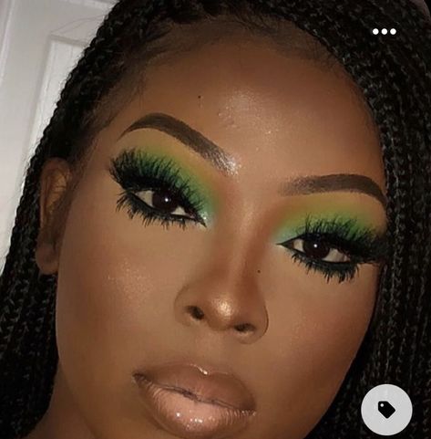 Green Eye Makeup On Black Women, Green Shadow Makeup Black Women, Green Under Eye Makeup Black Women, Green Make Up On Black Women, Green Lipstick Looks On Black Women, Yellow And Green Makeup Looks, Jamaica Makeup Look, Hunter Green Makeup Looks Black Women, Green Birthday Makeup For Black Women