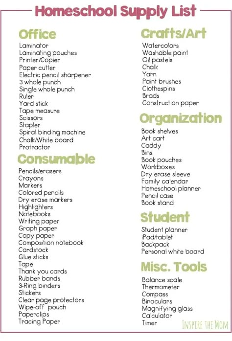 The Complete List of Homeschool Supplies - Home School Supplies List, Homeschool Set Up Small Space, Homeschool Corner Ideas, Learning Corner At Home Toddler, Homeschooling Corner, Homeschool Organization Storage, Homeschool Supply List, School To Do List Printable, Homeschool Classroom Setup