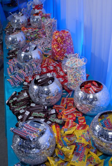 Candy Bar Ideas Birthday Sweet 16, Disco Party Snack Table, 18th Birthday Snack Bar, Candy Sweet 16 Theme, 2000s Candy Table, Disco Party Treat Table, Disco Candy Table, Sweet 16 Night Club Theme, Disco Snack Table