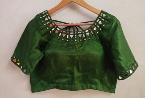 Blouse Work Designs Mirror, Hand Mirror Work Blouse Design, Mirror Blouse Designs Latest, Blouse Mirror Work Designs, Mirror Work On Blouse, Simple Mirror Work, Blouse Mirror Work, Salwar Ideas, Mirror Work Saree Blouse