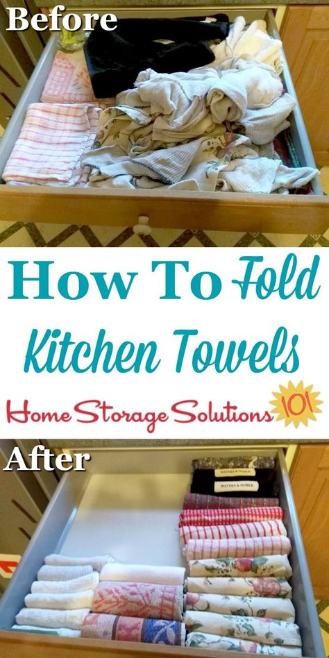 How to fold kitchen towels and dish cloths to make it easy to keep these items organized and neatly stored, either in a drawer or on your kitchen counter {on Home Storage Solutions 101} #KitchenOrganization #OrganizingTips #Organize Fold Kitchen Towels, Dish Towel Storage, Kitchen Towels Storage, Towels Storage, Folding Hacks, Folding Towels, How To Fold Towels, Towel Organization, Konmari Method