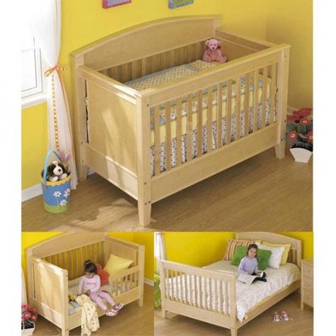 Like a best friend, this bed grows up with your child. Starting as a crib for a newborn, this 'sleep System" easily changes into a bed for a toddler, and then into a full bed, serving a child well past adolescence. Simple decorative connector bolts and concealed cross dowels make these quick changes possible. Build all the parts now and be years ahead, or choose any one of the three beds to meet current needs. Overall Dimensions: Crib: 57" wide x 32" deep x 44" high Toddler Bed: 57" wide x 32" d Convertible Crib Plans, Baby Crib Woodworking Plans, Crib Woodworking Plans, Downloadable Woodworking Plans, Baby Crib Diy, Baby Cribs Convertible, Woodworking School, Wood Magazine, Woodworking Projects For Kids