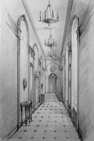 Interior Perspective Drawing, Architecture Art Drawing, Hallway Drawing, People As Cartoons, Impressive Sketches, One Perspective Drawing, Hall Drawing, Interior Architecture Sketch, Interior Perspective