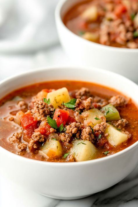 Looking for a hearty and delicious meal that is easy to make in your Instant Pot? Try this flavorful hamburger soup recipe! Packed with veggies, ground beef, and savory seasonings, this soup is perfect for a cozy night in or meal prepping for the week. With the convenience of the Instant Pot, you can have a satisfying dinner on the table in no time. Give this Instant Pot hamburger soup a try and enjoy a bowl of comfort that will warm you up from the inside out. Instapot Ground Beef Soup Recipes, Instant Pot Beef Soup Recipes, Hamburger Soup Instant Pot, Hamburger Soup Recipes, Instant Pot Hamburger Soup, Hamburger Soup Recipe, Meal Prepping For The Week, Hamburger Stew, Soup Lovers