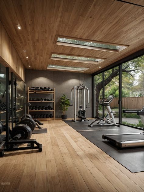 Minimalist Gym Design, Mid Century Modern Gym, Gym Pool House, Workout Basement Ideas, Aesthetic At Home Gym, Personal Gym Design, Indoor Gym Home, Modern Gym Interior Design, Home Gym Aesthetic