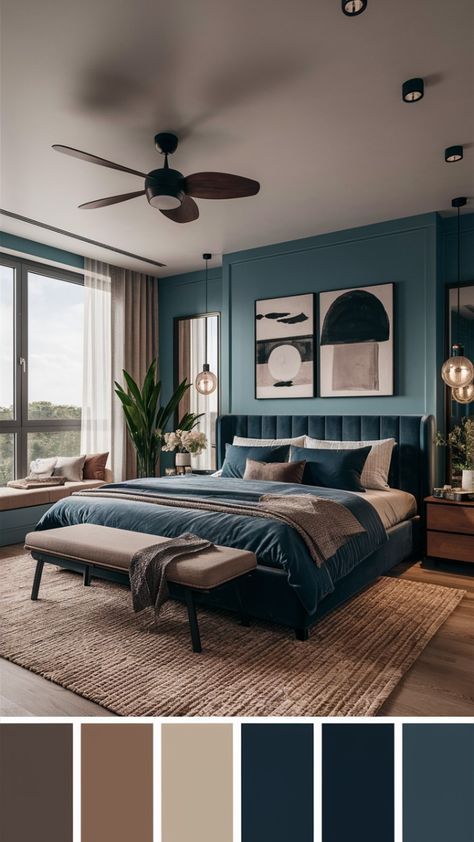 Best Room Colors Bedrooms Cozy, Dark Blue Bedroom Design, Blue And Dark Wood Bedroom, Dark Blue Rooms Ideas, Cozy Wall Colors Bedroom, Dark Room Color Ideas, Cozy Colors For Bedroom, Navy Furniture Bedroom, Bedroom Inspirations 2024