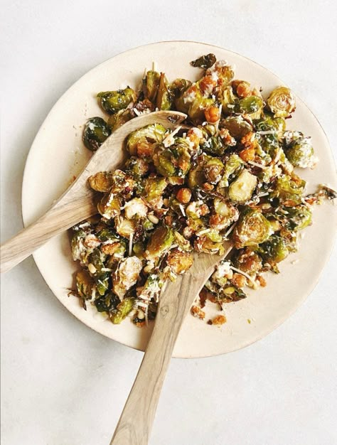 crispy brussels sprout “caesar” salad Broccoli Caesar, Caesar Recipe, Crispy Broccoli, Homemade Bread Crumbs, Seasoned Chickpeas, Brussel Sprout Salad Recipes, White Sandwich Bread, Crispy Brussel Sprouts, Shaved Parmesan