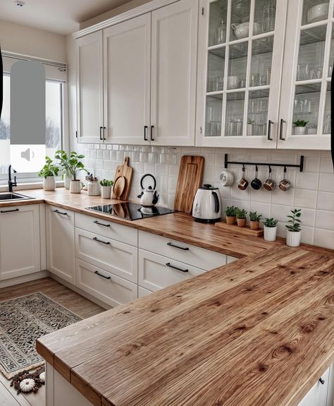 White Wood Cabinets Kitchen, Boho Kitchen Countertop, Kitchen Remodel Wood Countertops, Small Modern Farmhouse Kitchen Ideas, White And Brown Farmhouse Kitchen, Small Vintage Kitchen Remodel, Cream Cabinets With Butcher Block Top, Clean Aesthetic Kitchen, Wood Countertops White Cabinets