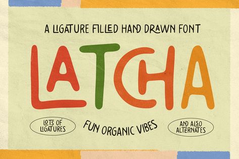 Latcha is a fun ligature filled sans serif typeface by Hustle Supply Co. With plenty of hand drawn imperfections, latcha is perfect for designs that are playful and organic.Latch could be great for your next poster design, packaging design or branding p… Sans Serif Hand Lettering, Hand Drawn Packaging Design, Funky Type Design, Poster Typography Design Inspiration, Yoga Font, Hand Drawn Type Poster, Organic Typeface, Fun Typeface, Thick Fonts