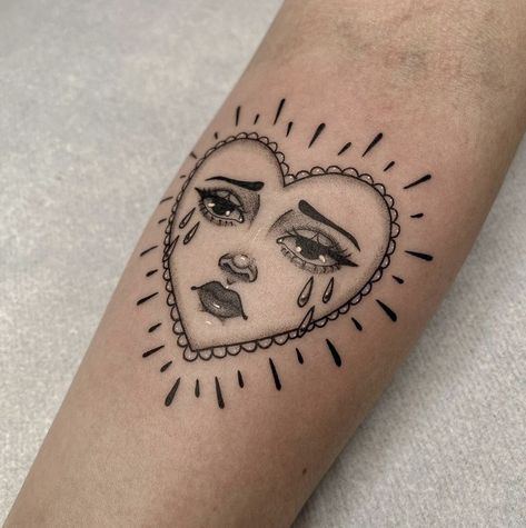 Cute And Funky Tattoos, Female Gaze Tattoo, Shade Work Tattoo, Symmetrical Torso Tattoo, Patch Work Leg Sleeve Tattoo Woman, Grudge Tattoos Women, Traditional Heart Face Tattoo, Sweet Tart Heart Tattoo, Mascarade Mask Tattoo