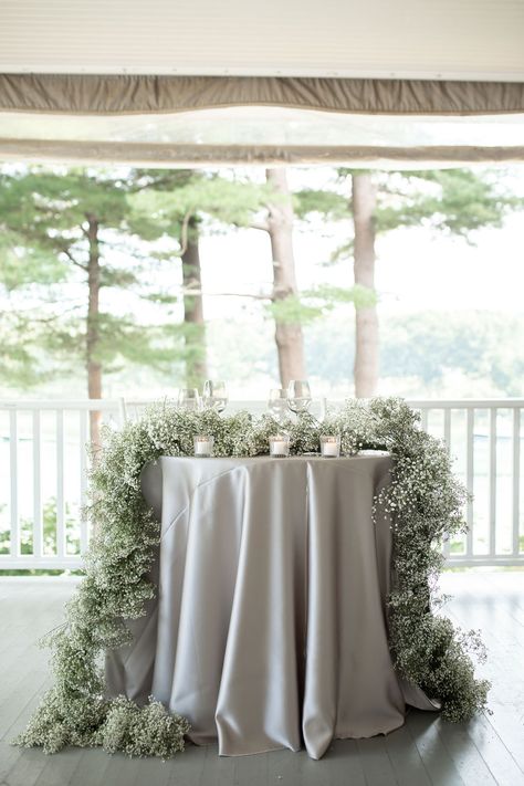 baby's breath sweetheart table | Champagne table linen | Modern chic wedding Wedding With Baby, Maine Summer Wedding, Sweatheart Table, Modern Elegance Wedding, Champagne Table, Baby's Breath Wedding, Briarcliff Manor, Maine Summer, Modern Chic Wedding