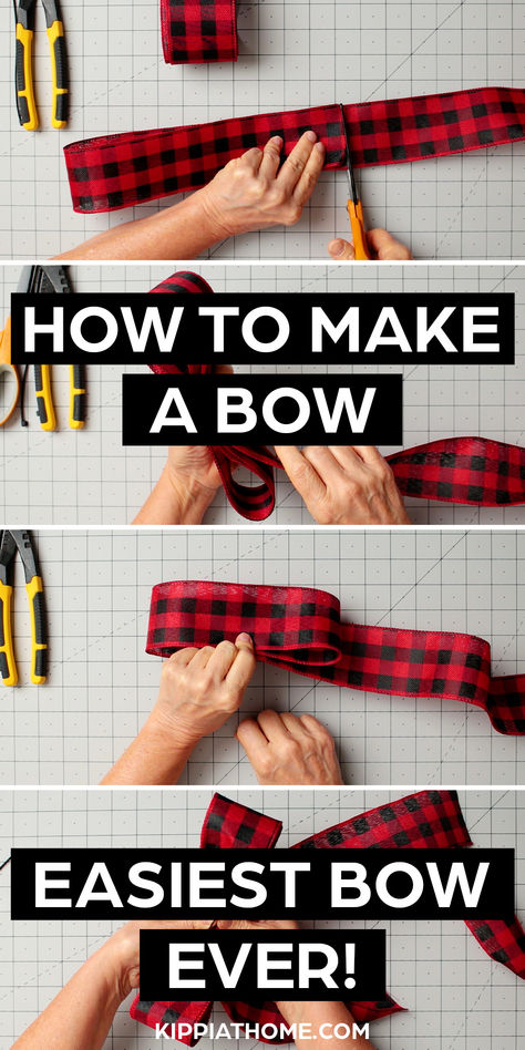 Learn how to make a bow for wreaths, gifts, Christmas tree toppers, and more. Wreaths are a good idea for decorating your front door. A gorgeous handmade bow adds a nice touch to your wreath. There are many different ways to make a ribbon bow; however, this one is the easiest. These are perfect for... #diybow #kippiathome Door Bows Christmas Diy, Wired Ribbon Bows Diy, Wrapped Wreath Ideas, How To Ribbon Wreath, How To Make Large Bows With Ribbon, How Make A Bow With Ribbon, How To Make Bows With Wired Ribbon, Christmas Wreath Bows Diy, Easy Diy Bows For Wreaths Step By Step