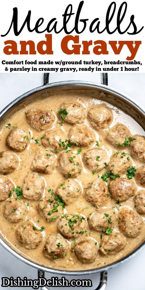 Meatballs and Gravy are a classic comfort food made with ground turkey, gluten free breadcrumbs, and fresh parsley in a creamy gravy over mashed potatoes, ready in under 60 minutes! Ground Turkey And Gravy Recipes, Turkey Meatballs In Gravy, Meatballs And Mashed Potatoes Gravy, Ground Turkey And Mashed Potatoes, Ground Turkey Gravy, Gravy For Meatballs, Meatball Gravy Recipe, Turkey Meatballs With Gravy, Meatballs And Mashed Potatoes