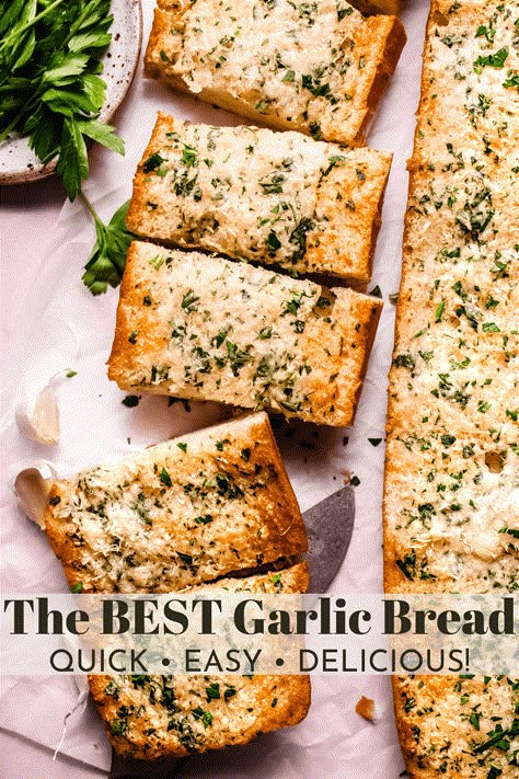 This restaurant-quality Garlic Bread is crispy on the outside, soft on the inside, and slathered with homemade garlic butter and melted parmesan. It’s the perfect pairing for your pasta dinner! Italian Bread Garlic Bread, Garlic Butter For Pizza, Crusty Garlic Bread Recipe, Garlic Butter Spread For Bread, How To Make Garlic Bread, Homemade Garlic Bread From Scratch, Garlic Bread Spread Recipe, Garlic Spread For Bread, Garlic Bread With Sliced Bread