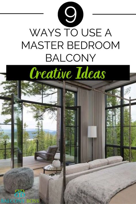 Having a balcony off your master bedroom can be great, providing you use the space well. It’s easy to overlook a master bedroom balcony as an awkward space attached to your bedroom that won’t see much use. But that shouldn’t be the case. Whether you decide to treat it as an extension of the indoors or as its own unique area, there are plenty of creative uses for it. To get you started, here are 9 master bedroom balcony ideas. Bedroom With Deck Access, Master Suite Balcony Ideas, Balcony Off Master Bed, Patio Outside Bedroom, Bedroom With Balcony Design, Bedroom Balcony Second Story, Bedroom With Balcony Design Master Suite, Balcony Off Bedroom, Bedroom Patio Ideas