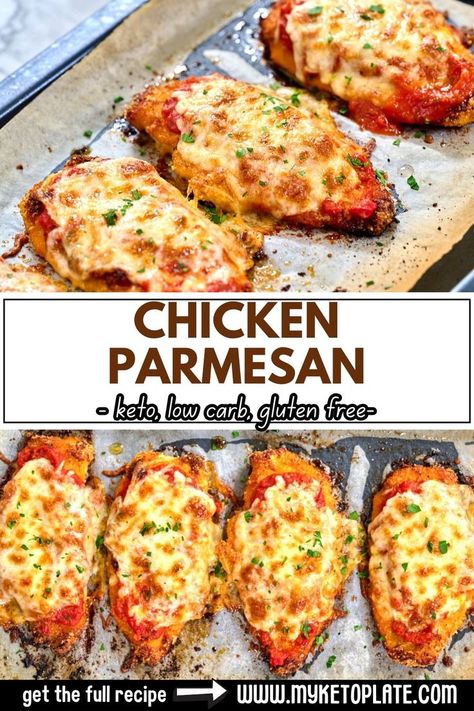 This keto chicken parmesan is a game-changer! It's crispy on the outside, juicy on the inside, and topped with tomato sauce and lots of cheese—baked to golden perfection and totally low-carb. Quick, easy, and delicious, you’ll want to make this all the time! With just chicken breast, eggs, and shredded mozzarella, you can whip up the crispiest oven-baked chicken. It’s perfect for those nights when you want a family dinner that’s fast and simple! Keto Chicken Parmesan, Cream Cheese Spinach, Crispy Baked Chicken Thighs, Oven Baked Chicken Parmesan, Crispy Oven Baked Chicken, Stuffed Chicken Breast Spinach, Cheese Baked, Chicken With Olives, Garlic Parmesan Chicken