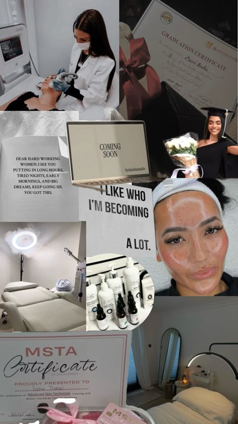 Esthetician Career Aesthetic, Esthetician Portfolio Examples, Beauty School Esthetician Aesthetic, Mood Board Esthetician, Medical Esthetician Vision Board, Esthetician License Aesthetic, Black Dermatologist Aesthetic, Beauty Clinic Aesthetic, Esthetician Aesthetic Pictures