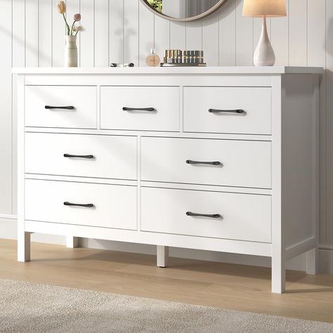 PRICES MAY VARY. Sleek Modern Style: This sleek white dresser with minimalist metal handles complements any décor style, from modern to farmhouse chic, making it a perfect dresser for bedroom or living room spaces Ample 7 Drawer Storage: Maximize organization with this spacious white dresser, featuring 7 large drawers perfect for clothes, makeup, and more. The generous top surface is ideal for displaying decor or lamps, keeping your room tidy and stylish. Durable & Sturdy Build: Crafted from high-quality MDF, this white dresser is built to last. Supported by tapered metal legs, each drawer includes a smooth sliding system for effortless access, and the waterproof finish ensures easy cleaning. Versatile Use for Every Room: This 7-drawer dresser is perfect not just for the bedroom! Use it as White Dressers Bedroom, 7 Drawer Dresser, White Dresser, Dresser Drawer, Bedroom Furniture Dresser, Living Room Spaces, Drawer Storage, Dressers And Chests, Large Drawers