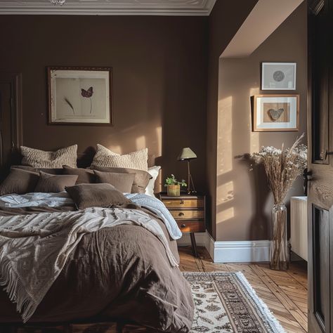 dark brown bedroom Dark Brown Wall Paint Master Bedrooms, Dark Brown Rug Bedroom, Brown Walls Bedroom Aesthetic, Brown Home Interior Design, Brown Color Bedroom Ideas, Bedroom Tan Carpet, Brown And Grey Room Bedrooms, Dark Wall Bedroom Ideas Cozy, Rich Brown Bedroom