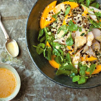 Quinoa, black lentil, mango and smoked chicken salad recipe. For the full recipe and more, click the picture or visit RedOnline.co.uk Recipes Using Quinoa, Diana Henry, Quinoa Lentil, Smoked Chicken Salad, Chicken Quinoa Salad, Summer Chicken Recipes, Red Magazine, Best Healthy Dinner Recipes, Chicken Korma