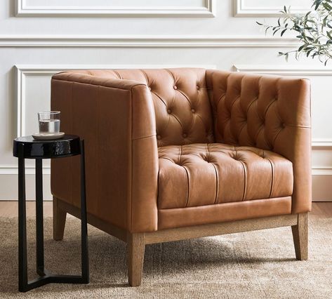 Edgewood Leather Armchair | Pottery Barn Big Leather Chair, Fireplace Shelving Ideas, Leather Armchair Living Room, Tennessee Bedroom, Floor Plan Furniture, Whisky Room, Fireplace Shelving, Leather Chair Living Room, Plan Furniture