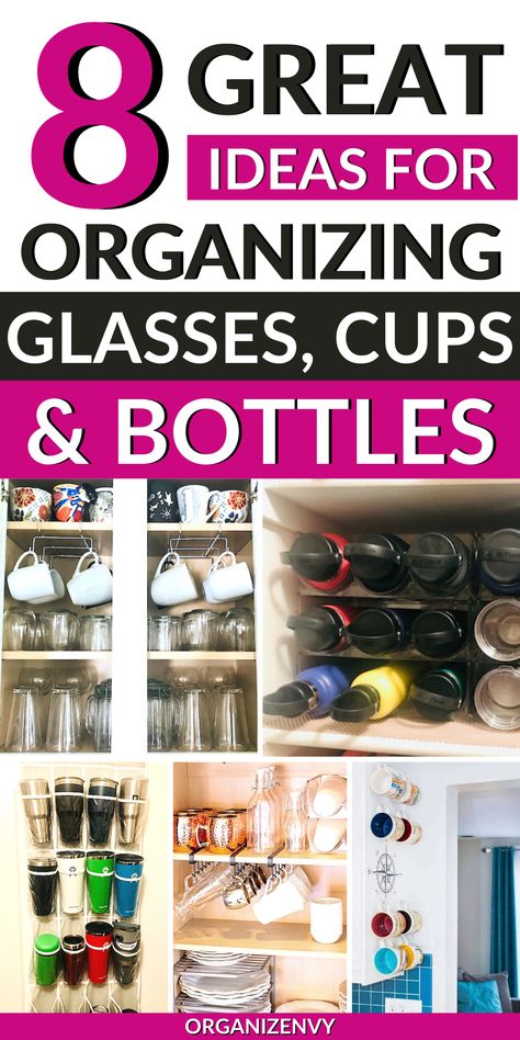 How to organize cups and glasses in kitchen cabinets, pantry & wall displays. Smart water bottle storage solutions. Organize Glasses And Cups, Blender Bottle Storage, Glass Ware Storage, Kitchen Glasses Organization, How To Organize Glasses In Cabinet, Ways To Store Water Bottles, Coffee Cup Cabinet Organization, Organizing Cups In Cabinet, Drinking Glass Storage