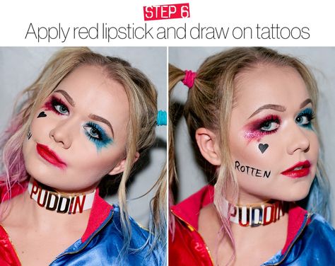 Harley Quinn Costume How-To Halloween 2017: The Best Harley Quinn Makeup Tutorial | Glamour Harley Quinn Makeup Tutorial, Halloween Makeup For Kids, Extra Makeup, Harley Quinn Halloween Costume, Harley Quinn Makeup, Holloween Makeup, Harley Quinn Halloween, Halloween Makeup Diy, Harley Quinn Costume