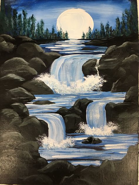 A Beautiful Scenery Drawing, Sip And Paint Ideas For Beginners, River Drawing, Beautiful Scenery Paintings, Painting River, Waterfall Painting, Waterfall Scenery, Easy Landscape Paintings, Scenery Painting