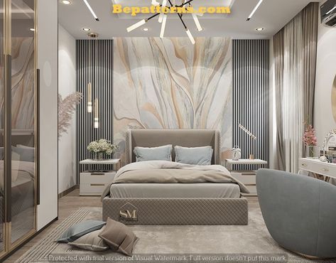 New Bedroom Design Modern, Theme Based Bedroom Interior, Beds Designs Modern, Louvers Design Interior Wall Bedroom, New Modern Bedroom Design, Textured Wall In Bedroom, Pale Blue Master Bedrooms Decor, Accent Wall With Wallpaper Bedroom, Modern Bedrooms Luxury