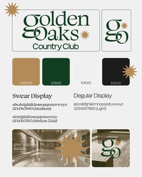 My submission for the Golden Oaks Country Club branding (Brief 67), where excellence meets tranquility 🌳☀️ This is my first time submitting a project to The Brief Association, I have well and truly loved taking part in this project, alongside seeing everyone else’s work! For this branding, I wanted to focus on the warm tones associated with Golden, as well as the greenery of Oak trees. Hence, the gold and green colour palette. The logos I created are simple, yet have their own unique element... Branding Brief, Green Branding, Club Branding, Green Colour Palette, Oak Trees, Gold And Green, Green Colour, Country Club, Everyone Else