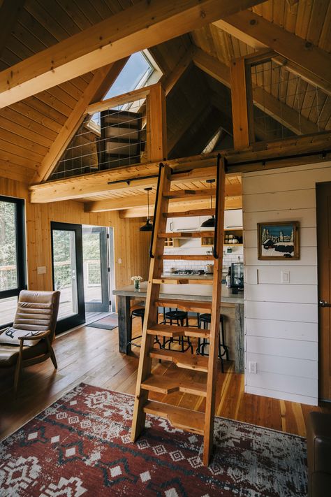 Portable Cabin Interior, Tiny Cabin Loft Ideas, Small Cabin Furniture Layout, Small Cabin Loft Bedroom, A Line Cabin Interior, Loft In Cabin, All Wood Interior Cabin, Small Cabin Woods, Cabin With Loft Interior